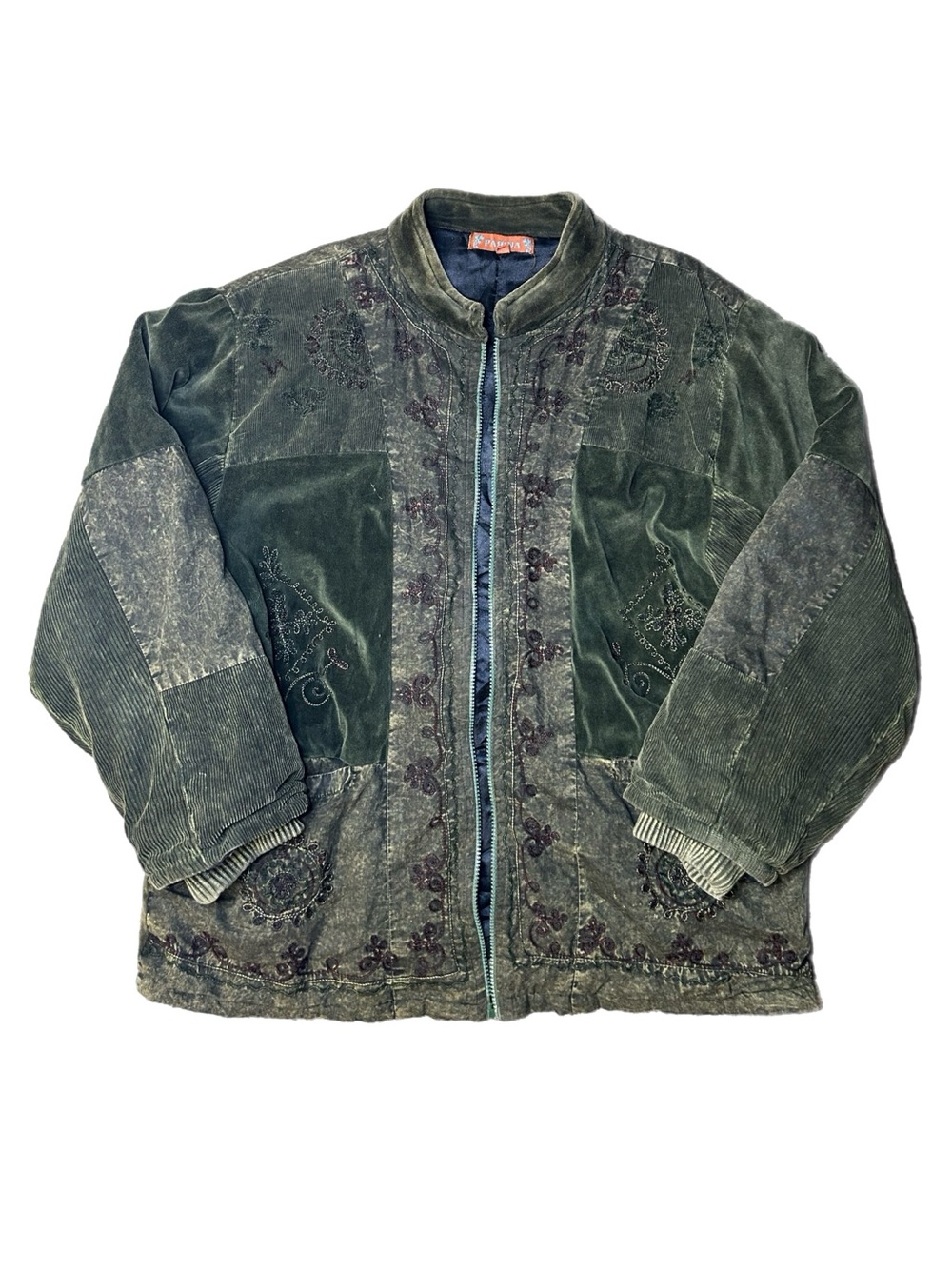 Bohemian-style Vintage Green Quilted And Embroidered cotton/velve Vintage Jacket